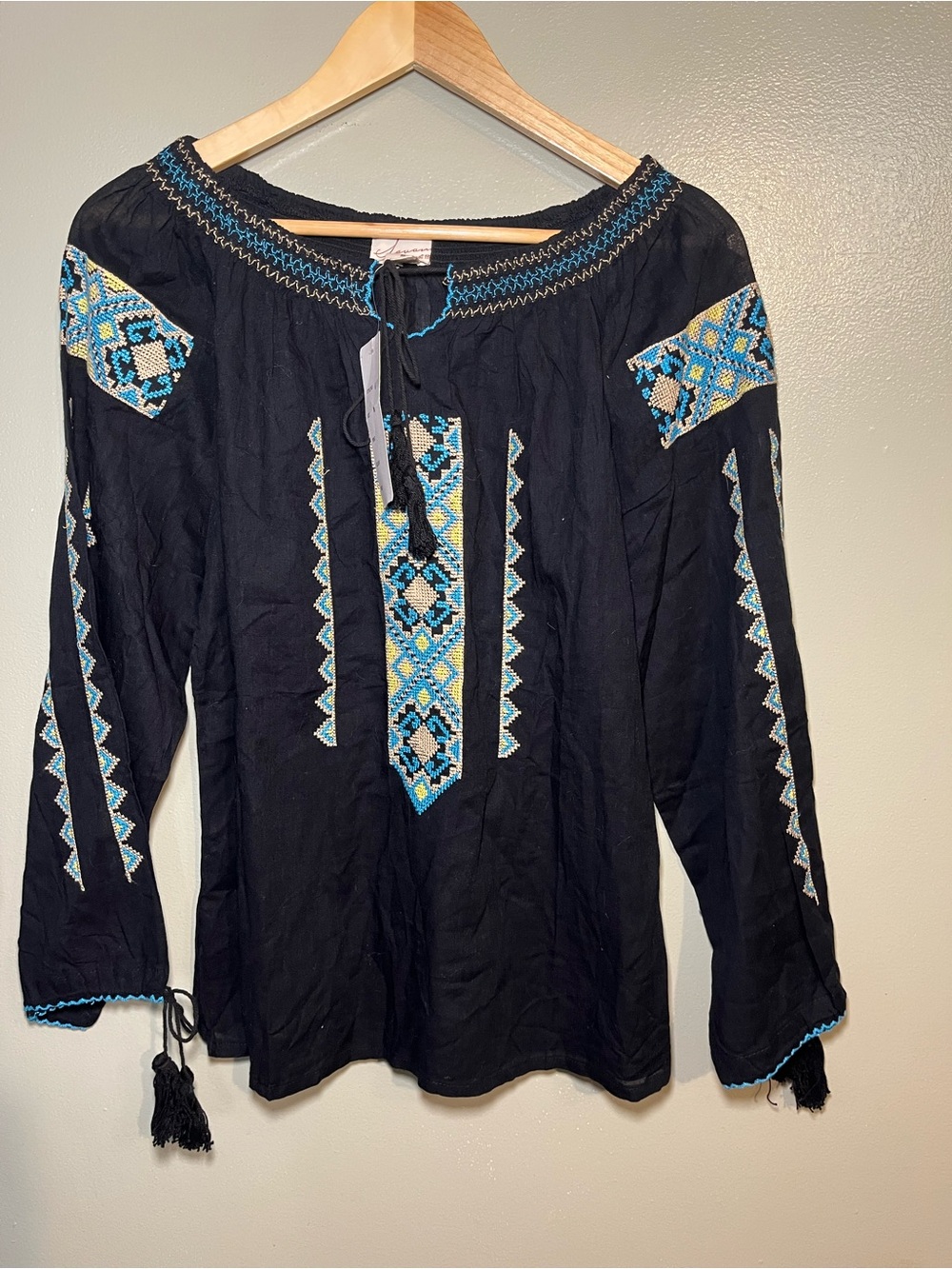 Black Embroidered Peasant Blouse with Blue & Yellow Accent Savana India m NWT